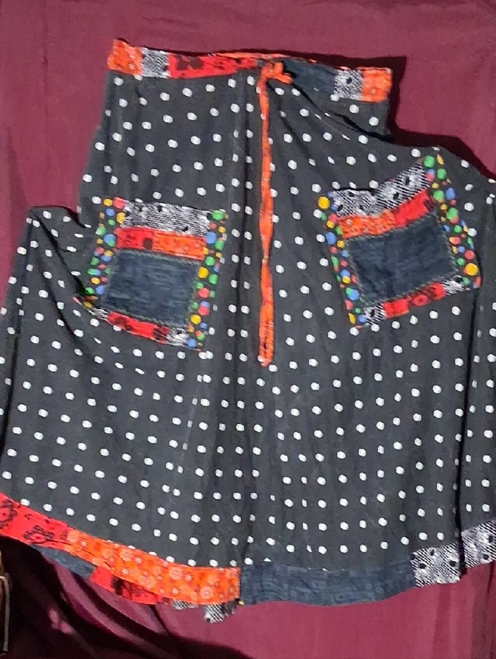 Polka Dot Black Midi Skirt with Patchwork Trim